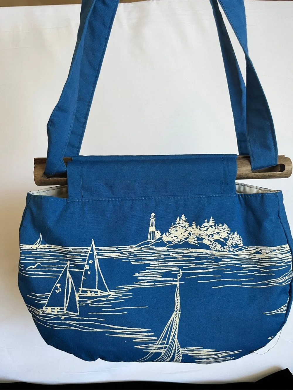 Vintage Flamstead of Vermont 70s-80s Coastal Sailboat Ocean Wood & Fabric Bag